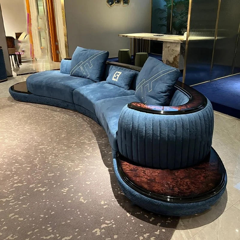 Italian High-End Modern Arc-Shaped Curved Blue Velvet Sofa Set Luxury Chenille High-Gloss Tree Tumor Design for Living Room
