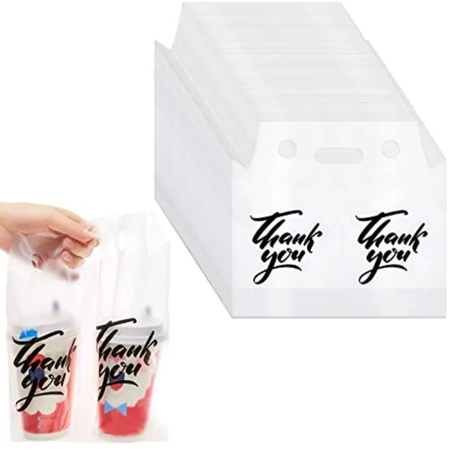 

Handle Drinking Poly Bags Thank You Clear Plastic Packaging Bags Drink Carrier with Handle Cup Carriers for Drinks Take out Bev