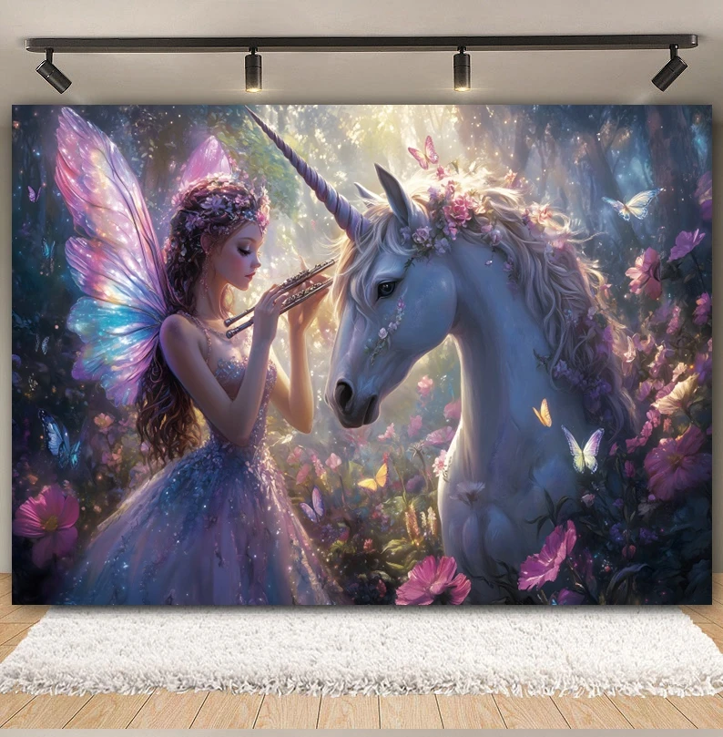 Dreamy Unicorn Photography Backdrop Forest Butterflies And Fairies Playing Musical Instruments Party Decor Photocall Background