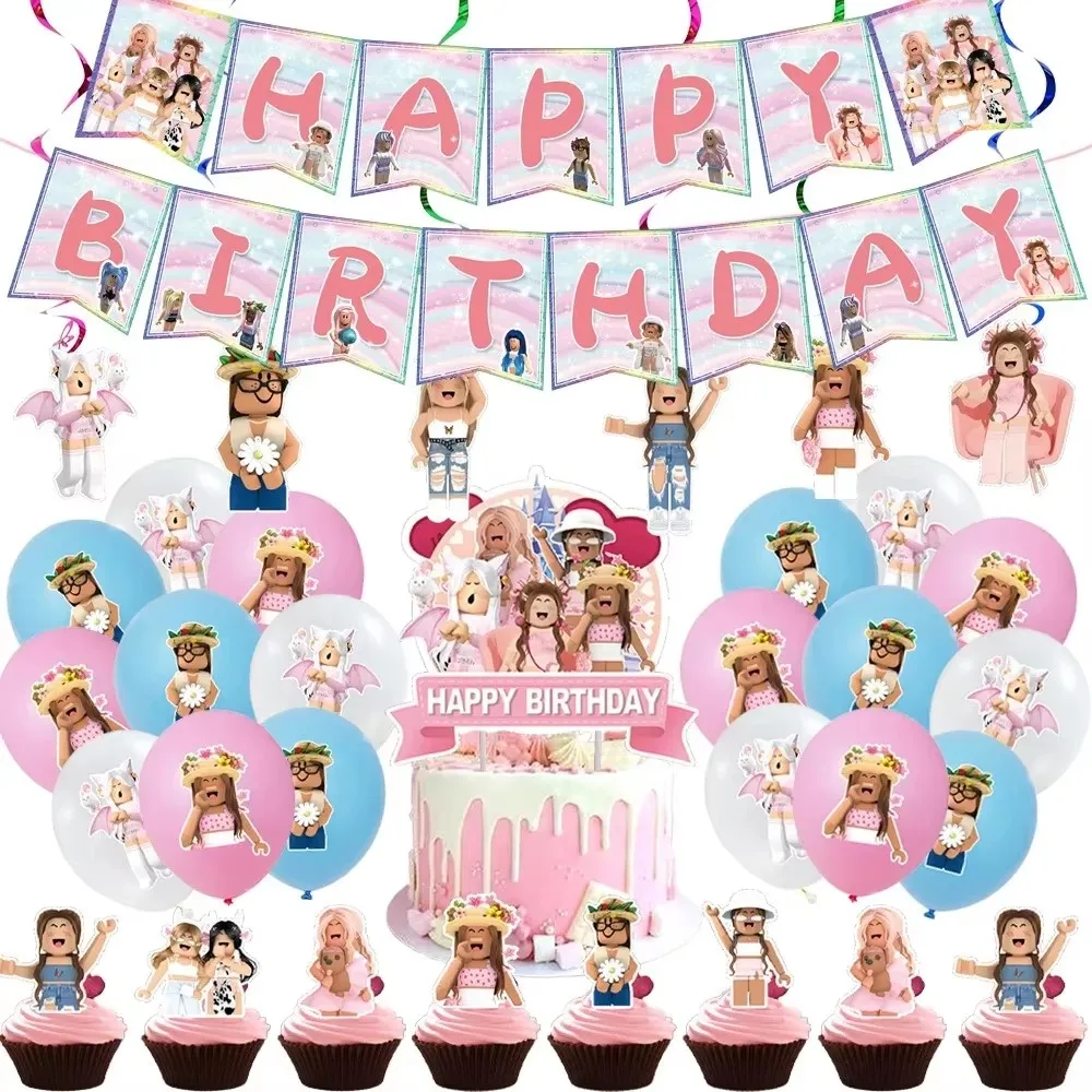 New ROBLOX Birthday Party Decoration Pull Flag Banner Balloon Cake Topper Set Party Supplies Girls Kids Boys Favor Gift Game DIY
