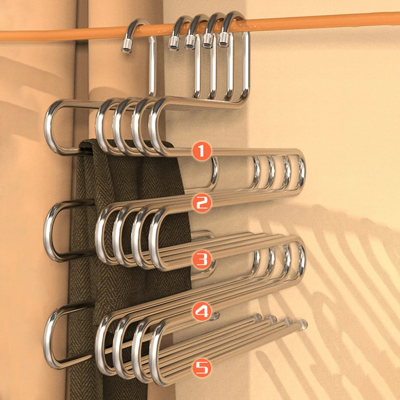 5 Layers Multifunctional Hanger For Pants S Type Space Saving Multilayer Stainless Steel Scarf Rack Storage Clothes Organizer