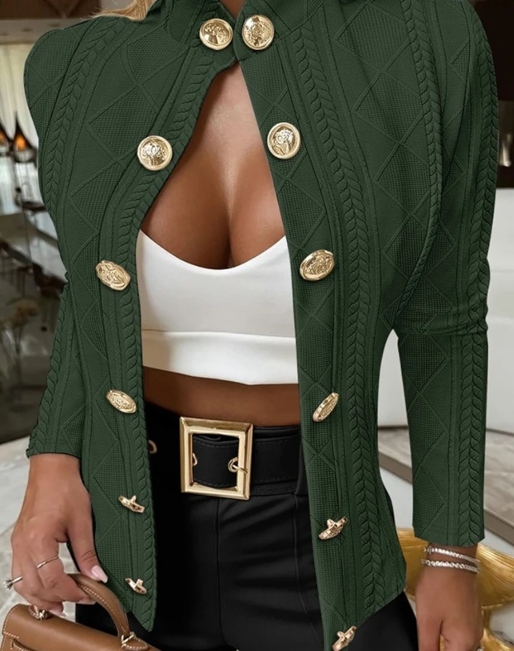 

Women's Coat New In Autumn Winter Latest Metal Buckle Decoration Stand Collar Long Sleeved Slim Fit Jacket Open Front Cardigan