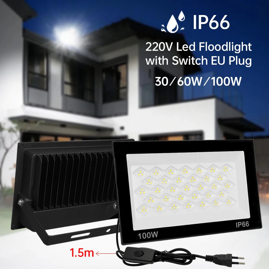 

Светодиодный прожектор AC 220V 30W 60W 100W, настенный светильник 6500K, холодный белый свет, IP66, водонепроницаемый, для наружного освещения сада и веранды.