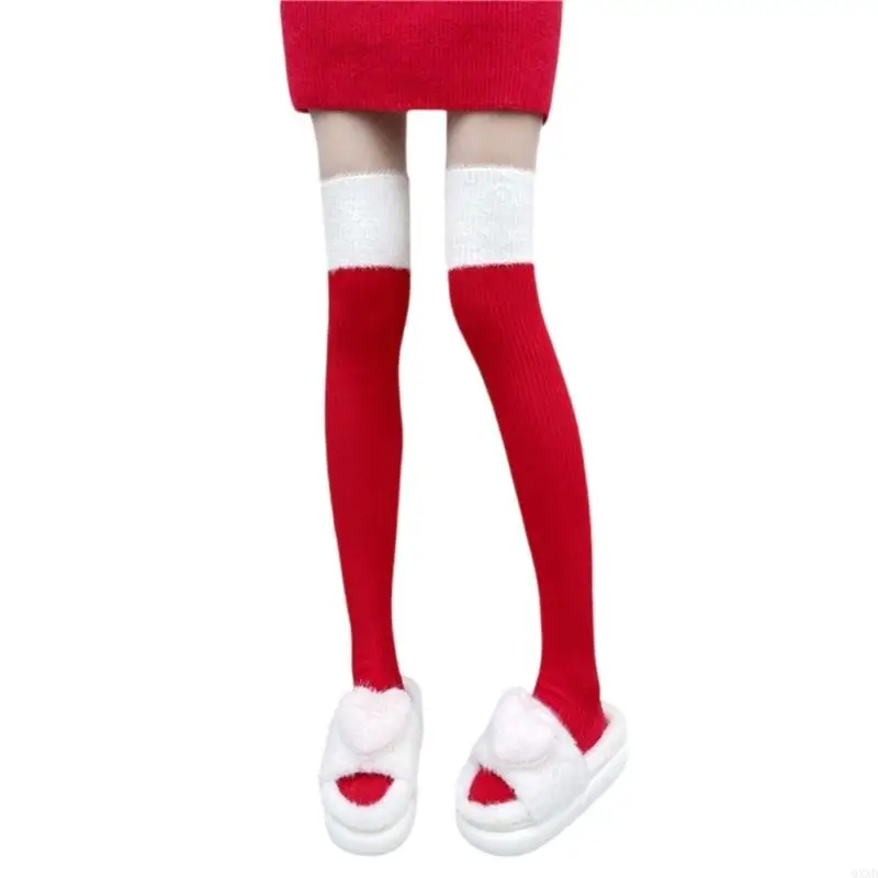 

Women Christmas Plush Top Patchwork Stockings Festival Holiday Thigh High Over Knee Long Socks Cosplay Costume Accessory
