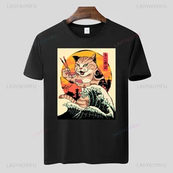 Funny Cat Vangogh Starry Night Cat Japanese Art Catzilla Cartoon Gifts for Men Women O-Neck Short Sleeves T-Shirt Tops