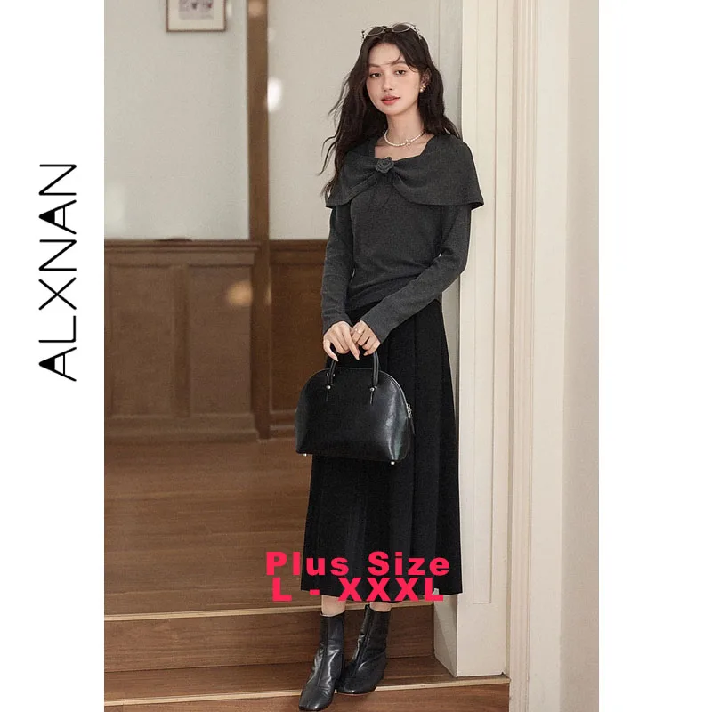 

ALXNAN повседневные пуловеры больших размеров с разрезом на шее, съемная брошь с цветком, облегающий трикотаж, мягкая нежная одежда для пригородных поездок, D58518