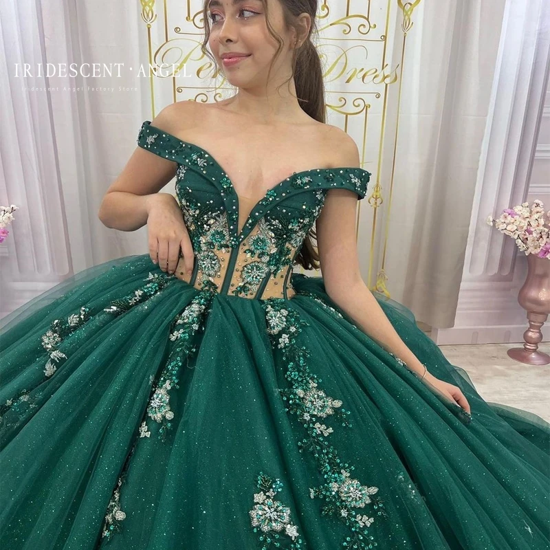 Vestido De baile iridiscente, quinceañera verde esmeralda, con apliques, cristal De 15 Años, Princesa De 15 Años