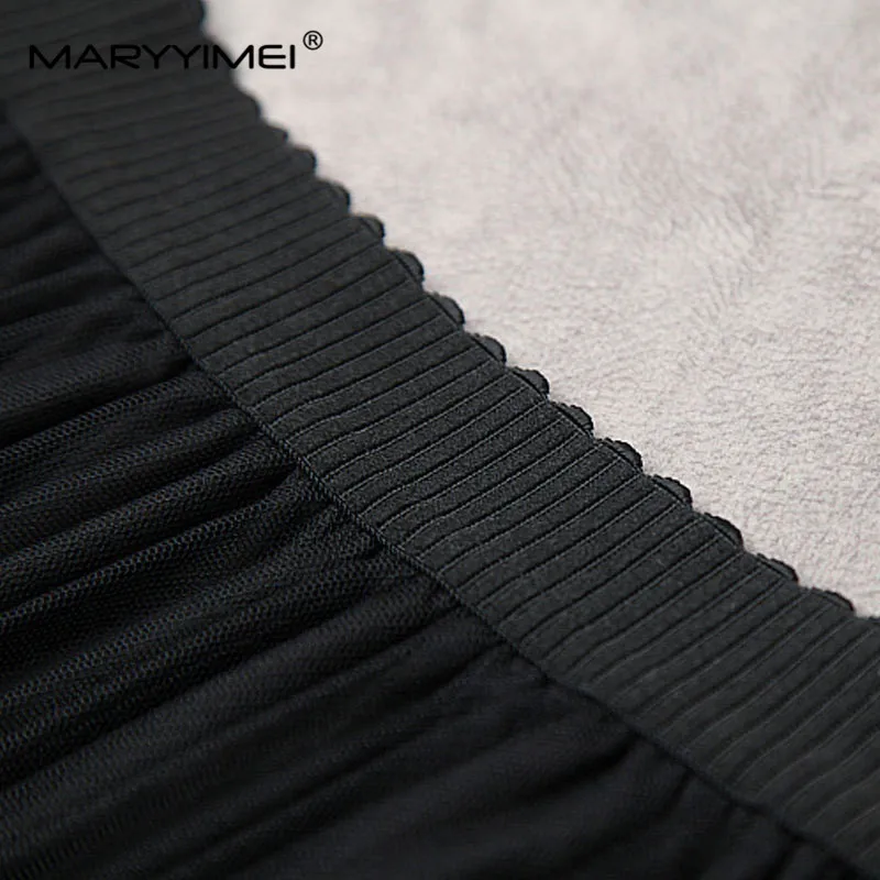 MARYYIMEI-Ensemble 2 pièces pied-de-poule et jupe en maille noire pour femme, haut à manches longues, écharpes, jupes imbibées, créateur de mode, printemps