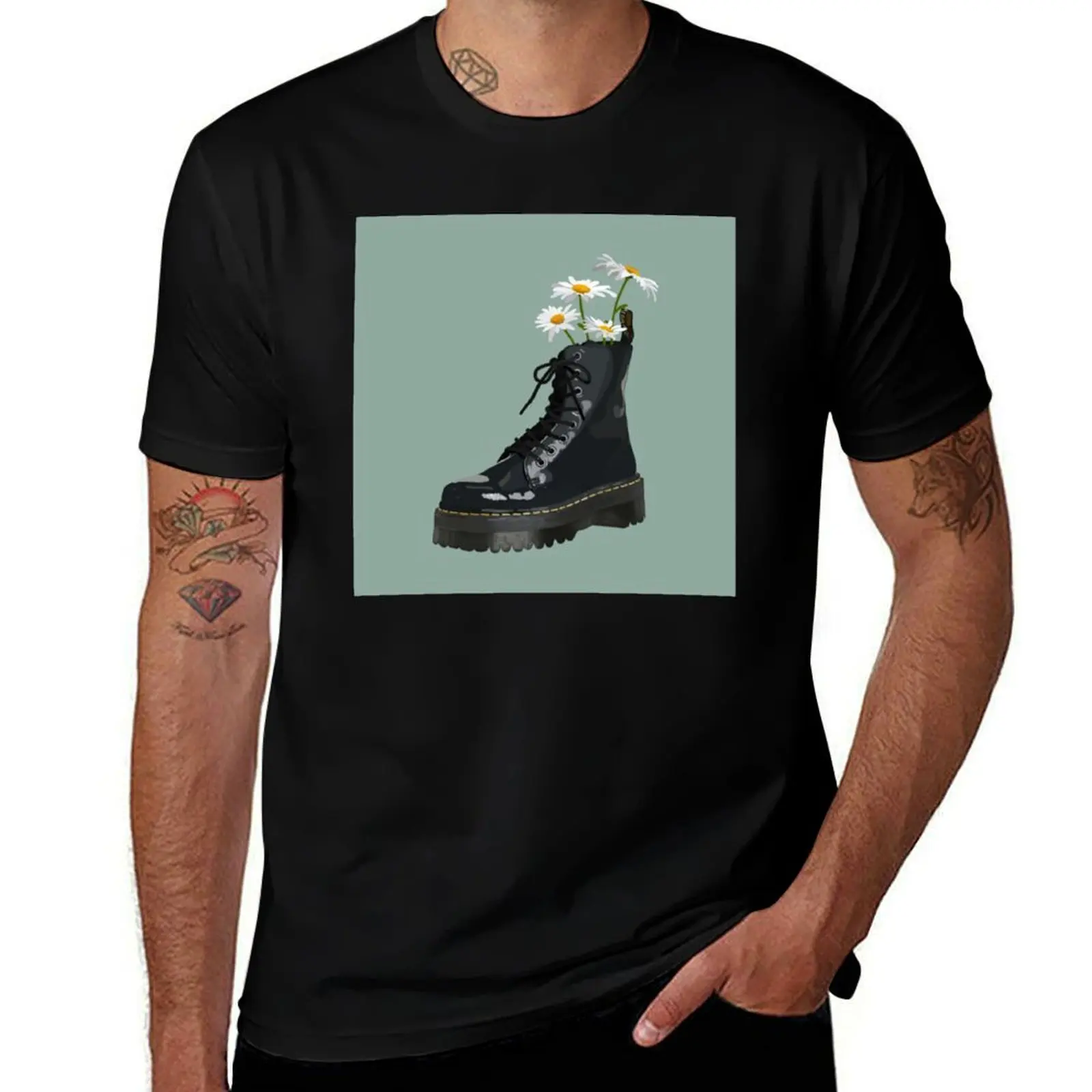 Dr. Martens boot with flowers T-Shirt korean fashion summer tops boys whites big and tall t shirts for men