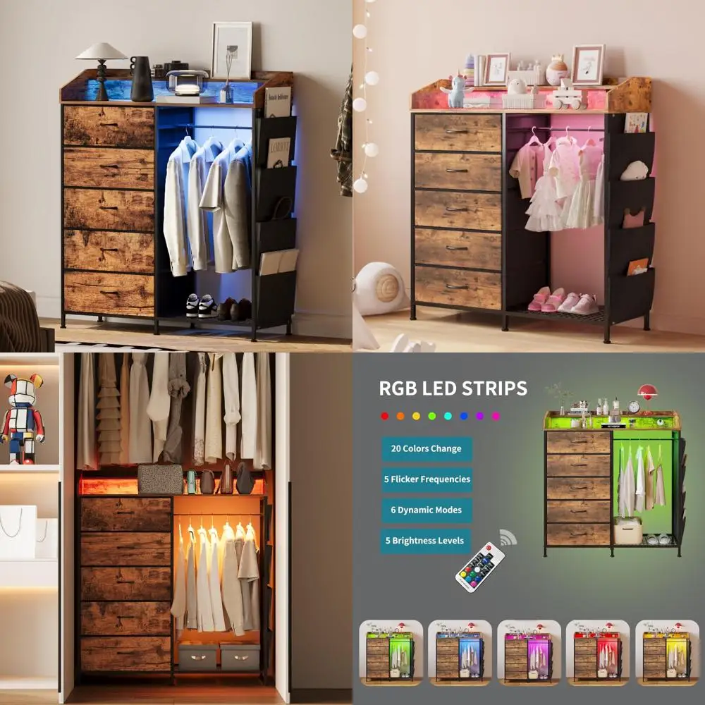

2-in-1 Dresser with Hanging Racks, 5 Fabric Drawers, LED Lights, and Charging Station for Bedroom and Living Room