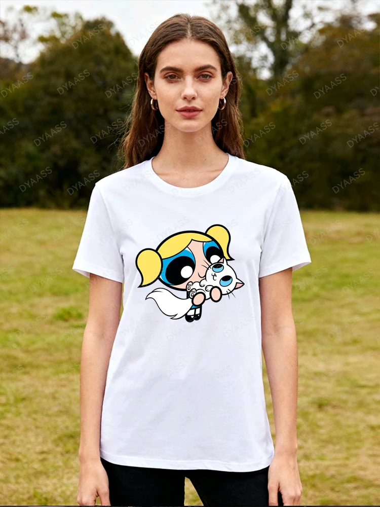 

Cartoon Flying Girl Police Comic Pattern Pure Cotton T-shirt Summer Short Sleeve Street Wear Cute Top