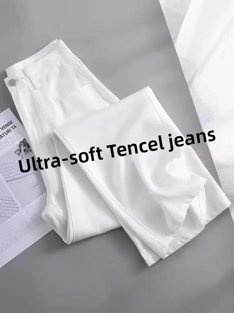 

White Straight Leg Denim Jeans Women's Spring Thin Wide Leg Ice Silk Cool Feeling Loose Fit High Waist Long Pants