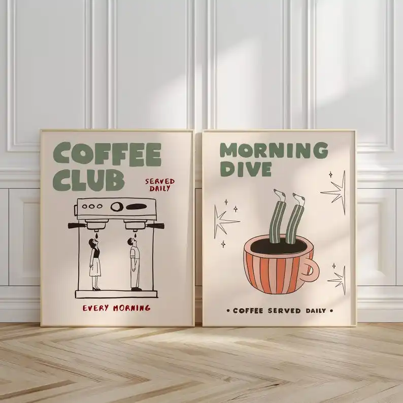 2pcs Modern Coffee Bar Decor Posters, Frameless Espresso Canvas Prints, Retro Poster for Kitchen Decor and Coffee-Lover Gifts