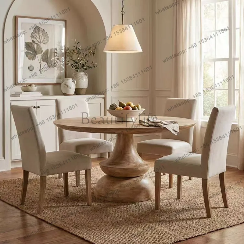 

French retro solid wood round dining table for home use
