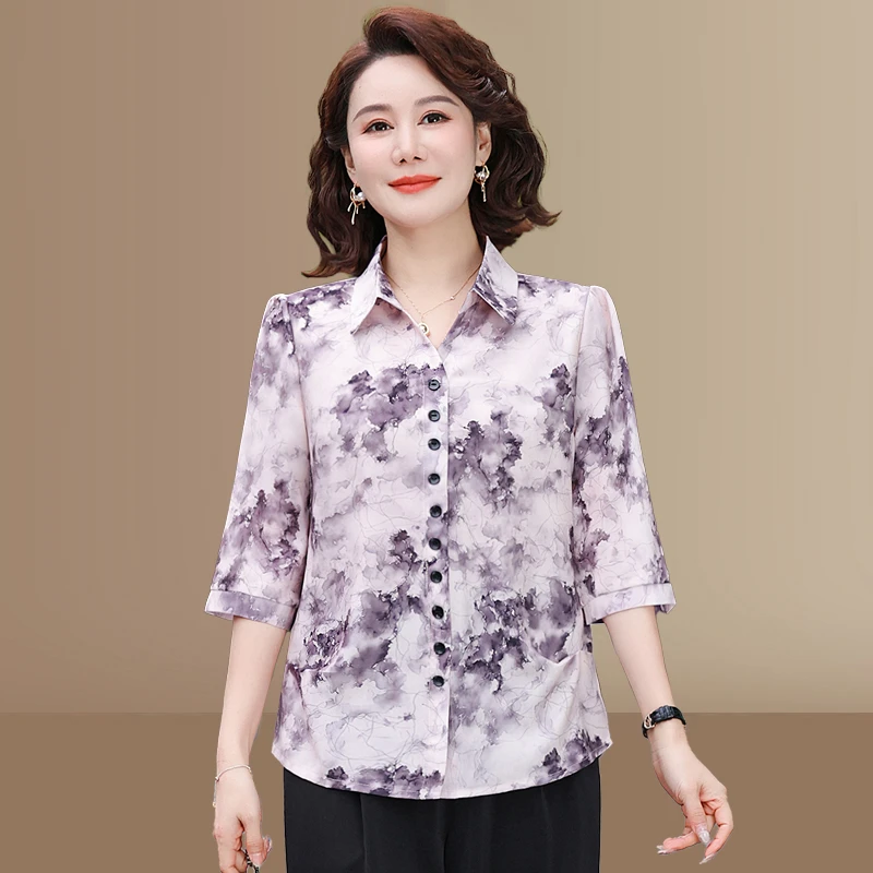 Odzież damska Vintage All-match Printed Short Sleeve T-shirt Summer Casual Fashion Commute Button Spliced Slim Tops Female