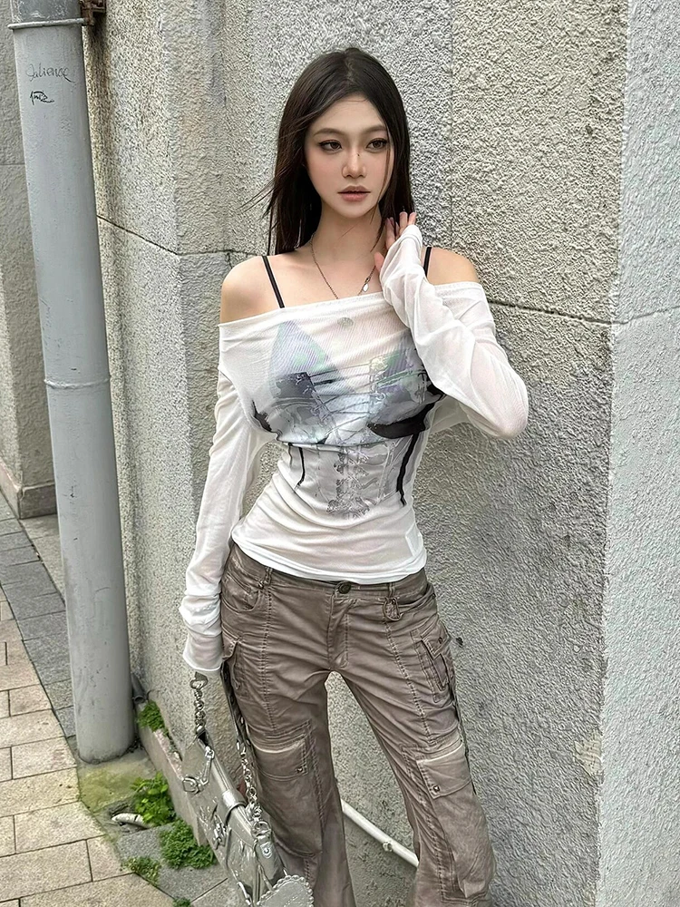 RORORIRI Sheer Mesh Long Sleeves T-shirt Women Aesthetic Print Slim Fit One-shoulder Pullover Overlay Top Grayu Y2k Streetwear