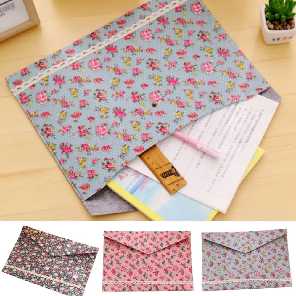 Portable Document Protector Floral a4 File Bag Elegant Soft Button Folder Waterproof Large Capacity Data Bag Students