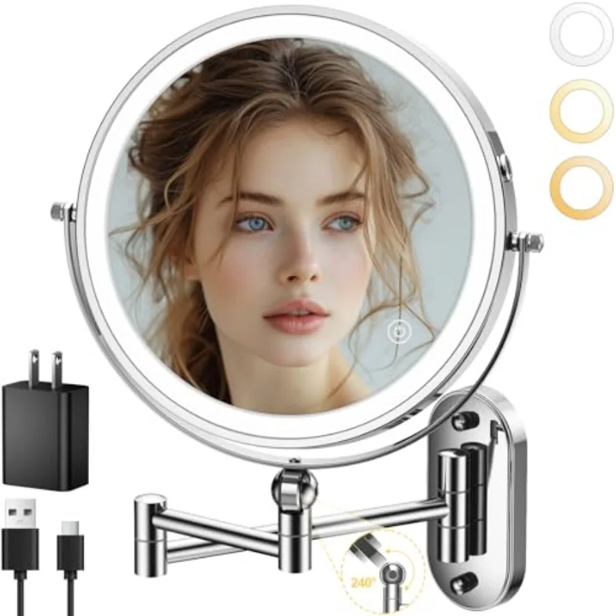 9" Wall Mounted Lighted Makeup Mirror4000mAh Rechargeable Double Sided 1X/10X Magnifying Mirror with Light 3 Color Lights Touch