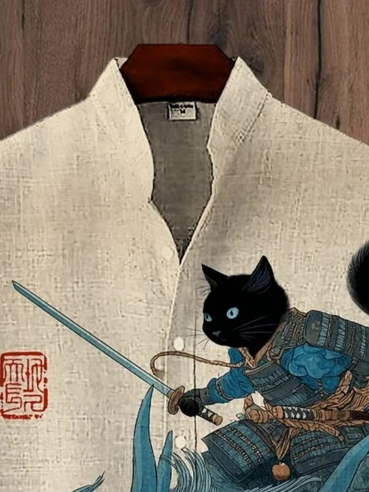 Men's Samurai Cat And Dragon Art Print Casual Shirt Hawaiian Short Sleeve Funny Summer Holiday Shirts Japanese Style Y2K Harajuk