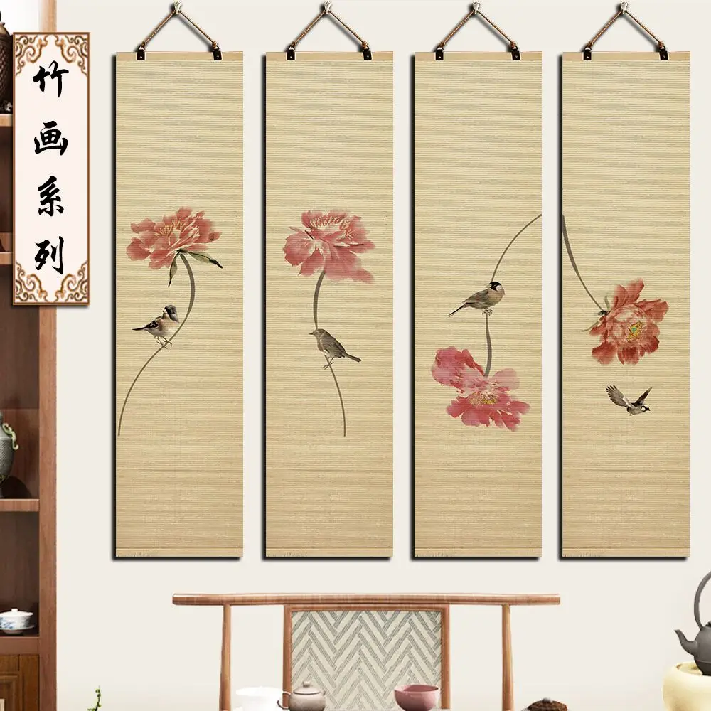 زن لوتس الخيزران التمرير نسيج الجدار شنقا - BnB ديكور الغرفة الصينية الجمالية لغرفة المعيشة، ديكور الحائط مع زنبق الماء #3