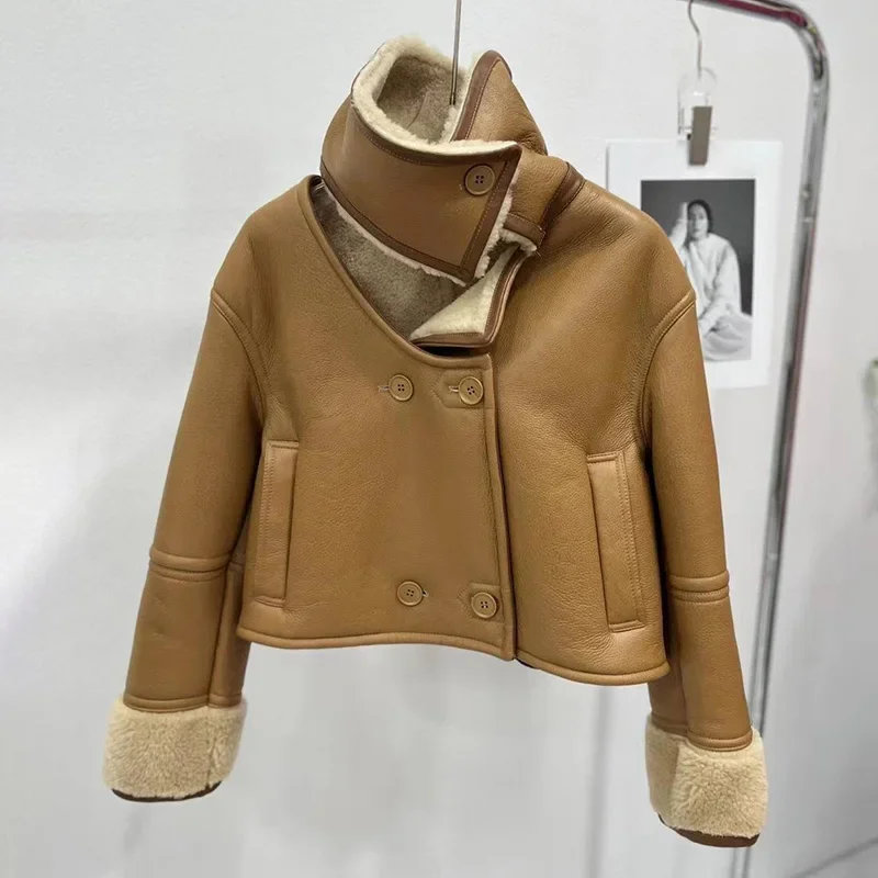 Jaket Shearling untuk wanita, gaya mantel kulit musim dingin kerah turun, pakaian luar Bomber pengendara sepeda motor