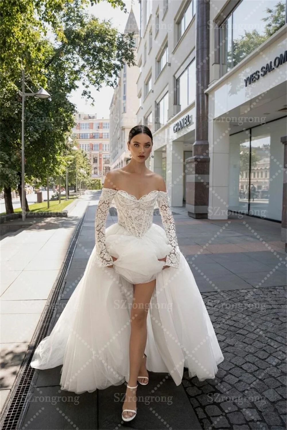 رشيقة قبالة الكتف تول ألف خط قطار عارية الذراعين فستان الزفاف الدانتيل كم طويل فستان الزفاف بوهو مع اللؤلؤ مخصص #3