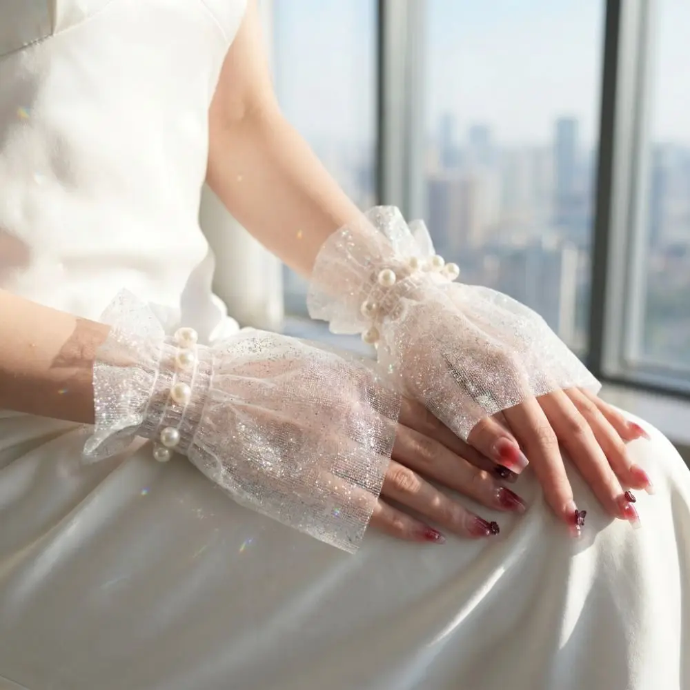 Elegant Short Length Wrist Fake Sleeves Pearl Tulle Nail Art Background Soft Easy To Wear Women Cuff Extension Manicure Art