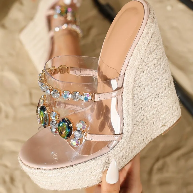 

Eilyken Summer CRYSTAL Cane Weave Platform Wedges Slippers Sandals Women Fashion High Heels Female Shoes Zapatos Mujer