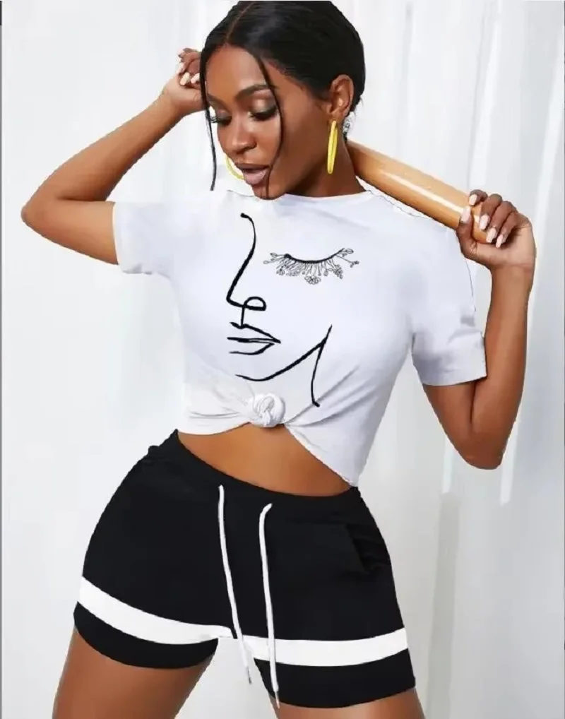 Abstract Line Face Print Women Twist Front Crop T Shirt Summer Short Sleeve Slim Tee