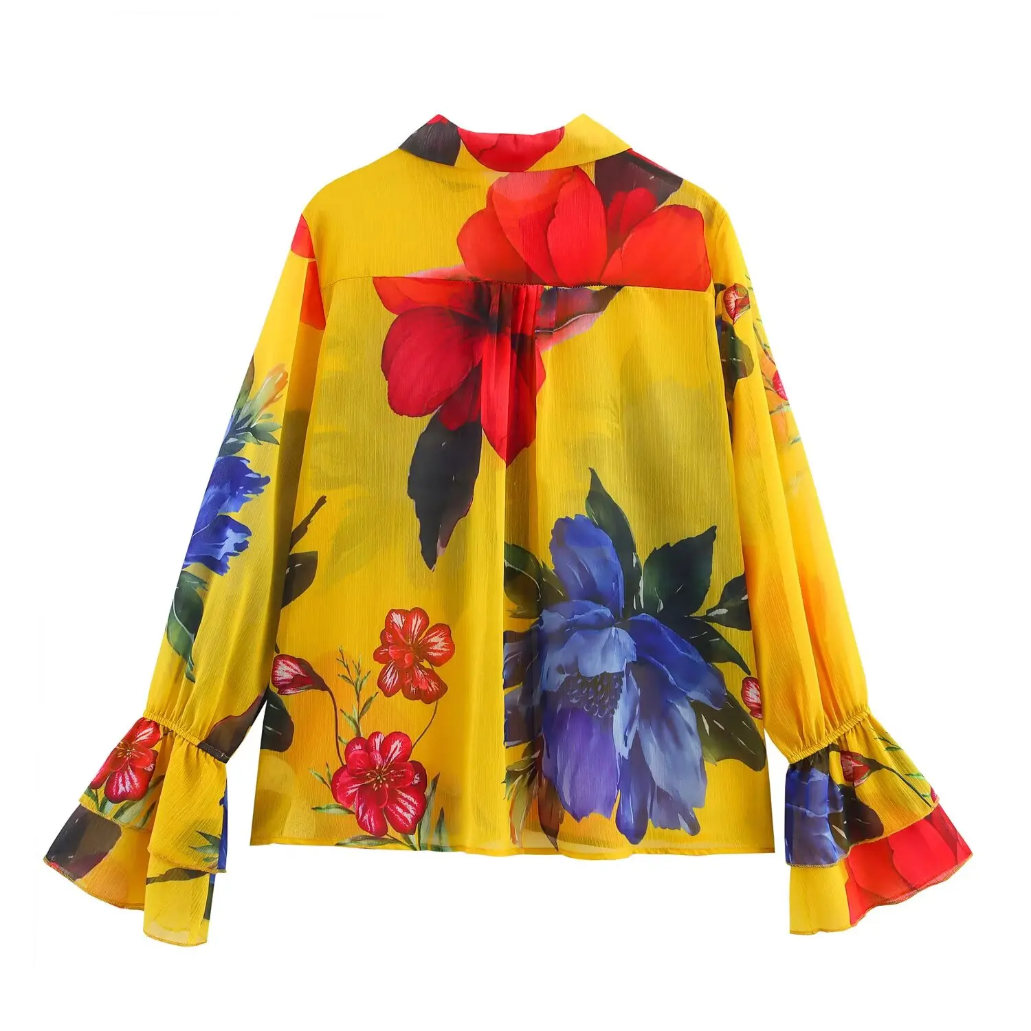 Csa fena de chiffon estampada com mangas sino, estilo casual, foada, com botões, para outono, lançamento.