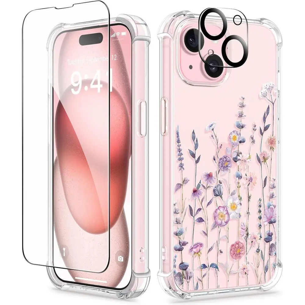 

or iPe 15 Case loral, with Sn Protector&Camera Lens Protector,[Non Yellowing] Sot Shockproo Clear Pe Protective Cover or Women,
