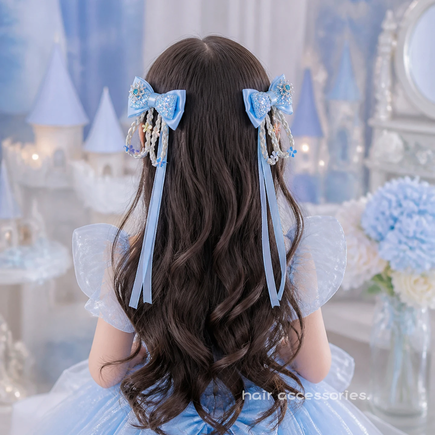 2026 Neue Winter-Haarspangen in Blau mit Zopf-Quaste, Schneeflocken-Strass-Schleife, Schonende Haarklammern für Babymädchen-Geburtstagsfeiern – Detail 6