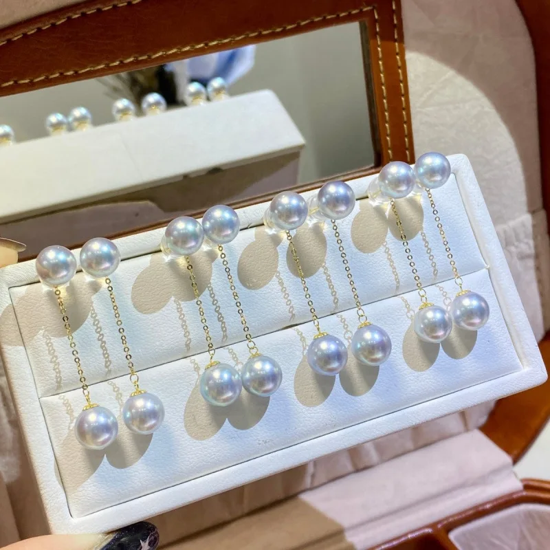 

18K Heavy Gold Double Akoya Pearl Earrings, 7-8mm Convertible Stud & Threader Design, Saltwater Pearl Jewelry