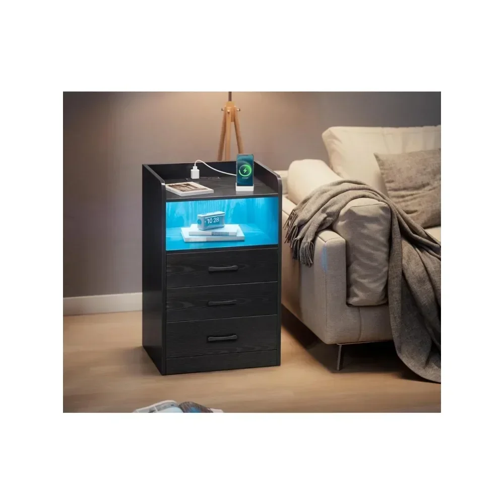 

Nightstand with Charging Station and LED Light Strips, Night Stand with Drawers, End Table with USB Ports and Outlets,Bedside