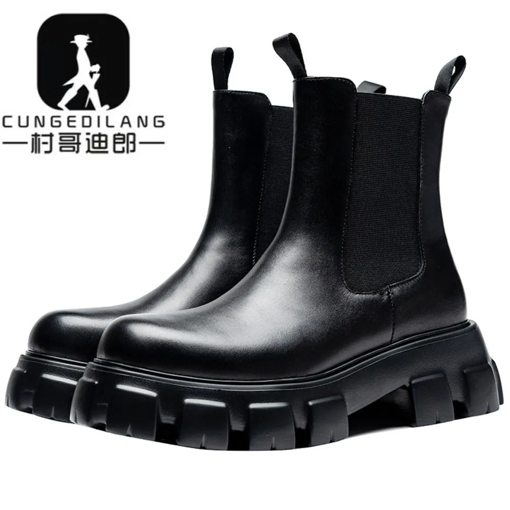 British Style High Top Men's Chelsea Boots Increase Height Classic Luxury Elastic Band Men Autumn Winter Shoes