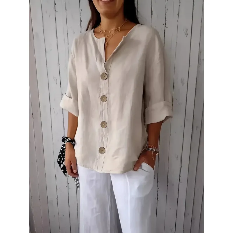 

Европейские и американские новые летние свободные футболки для женщин, хлопковые льняные топы на пуговицах с v-образным вырезом