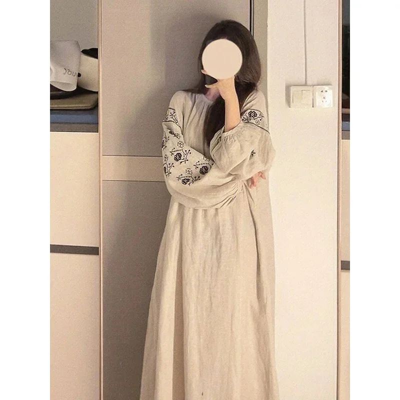 Women Spring French Style Sweet Nightdress Female Foral Print Lantern Sleeve Long Pajamas Home Suit Dress Can Be Wear Outsi MN3