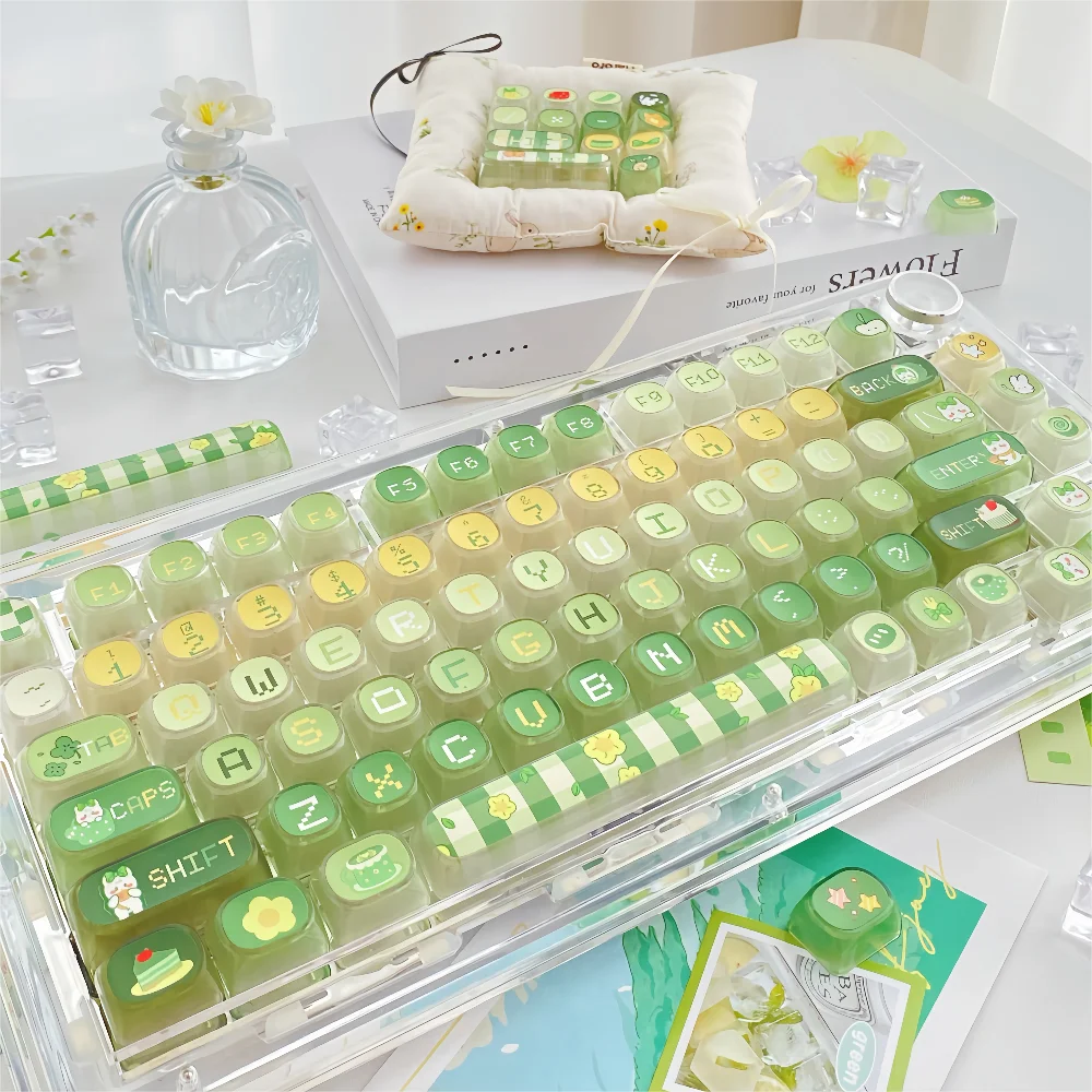 Matcha Rabbit Keycaps Green Transparent MOA Profile Square Keycaps for Gaming Mechanical Keyboard  with 2.25U 2.75U 7U Spacebar