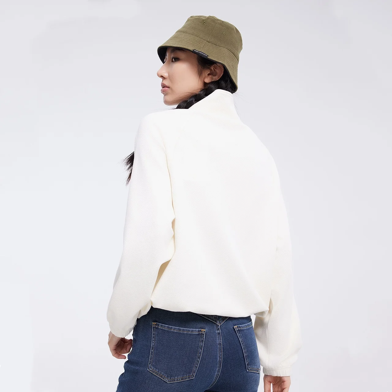 Metersbonwe Women Stand Collar Loose Hoodie Half Zipper Adjustable Elastic Hem Warm Fleece Sweatshit Spring Outdoor Pullover