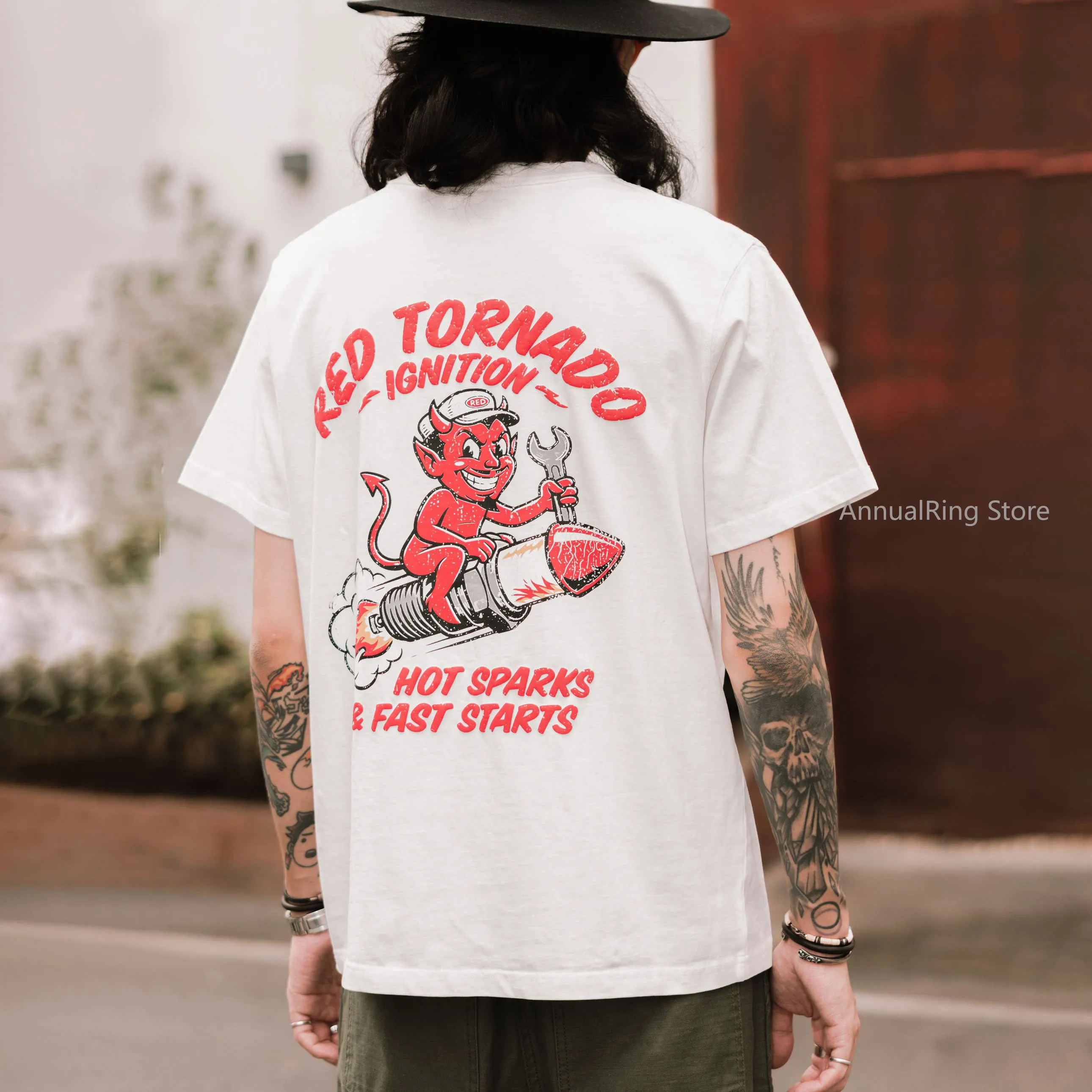 

Red Tornado Retro Graphic Puff Print T-Shirt 270g Cotton Summer Men's Vintage Crewneck Short Sleeve Tee Amekaji
