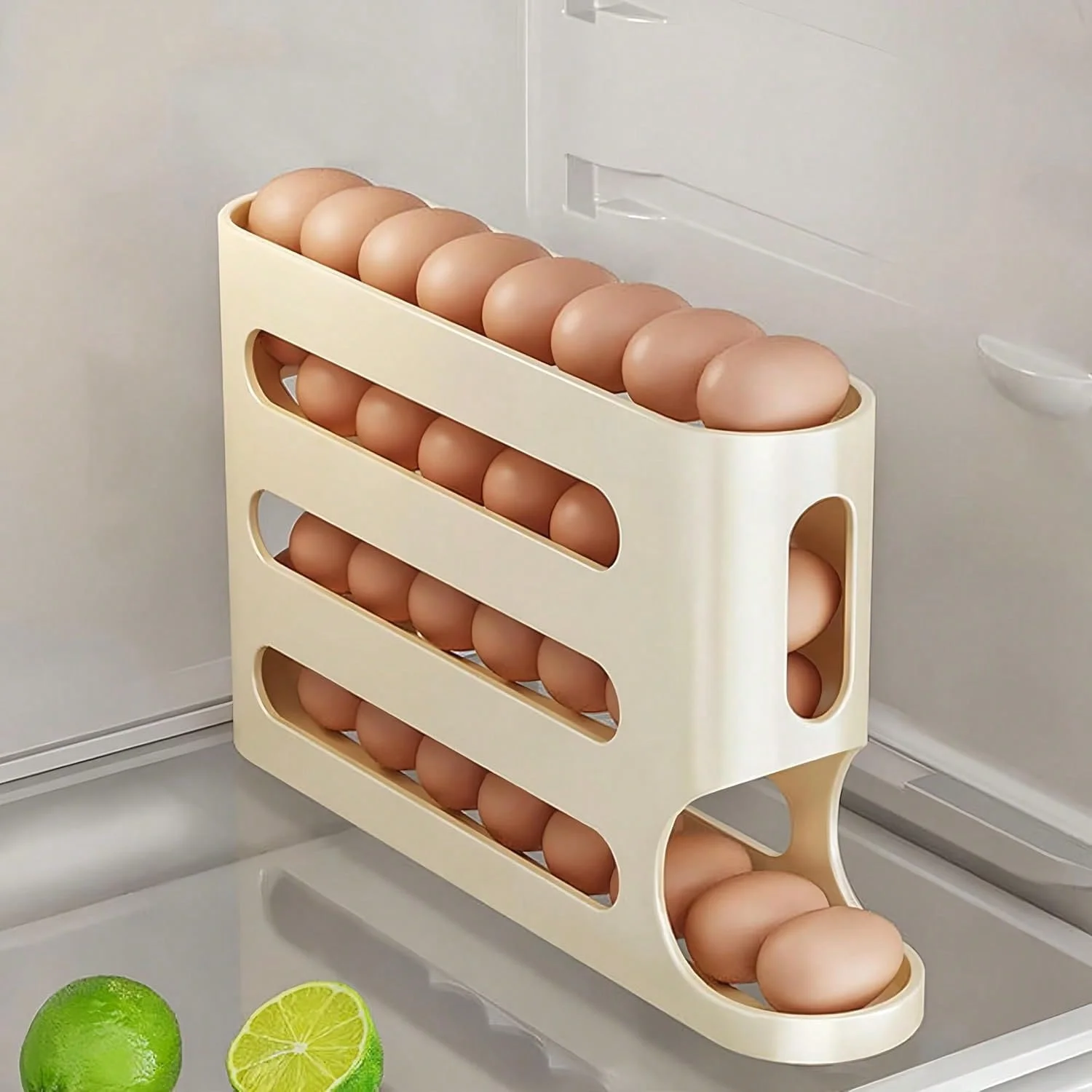 4-Tier Rolling Egg Dispenser – Space-Saving Holder for 28 Eggs