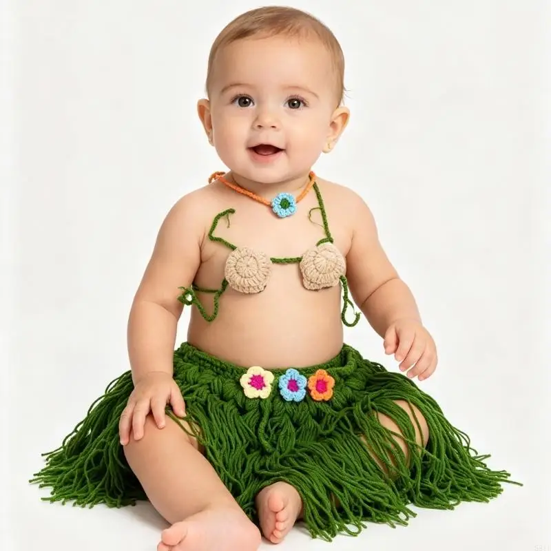 581F Newborn Photography Props Vacation Costume Headwear Grass Skirt Photo Suit