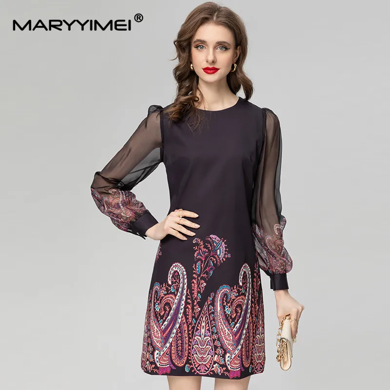 

MARYYIMEI New Fashion Runway Designer Women's Round Neck Gauze Long Sleeve Printed Black Vintage MIDI Dress