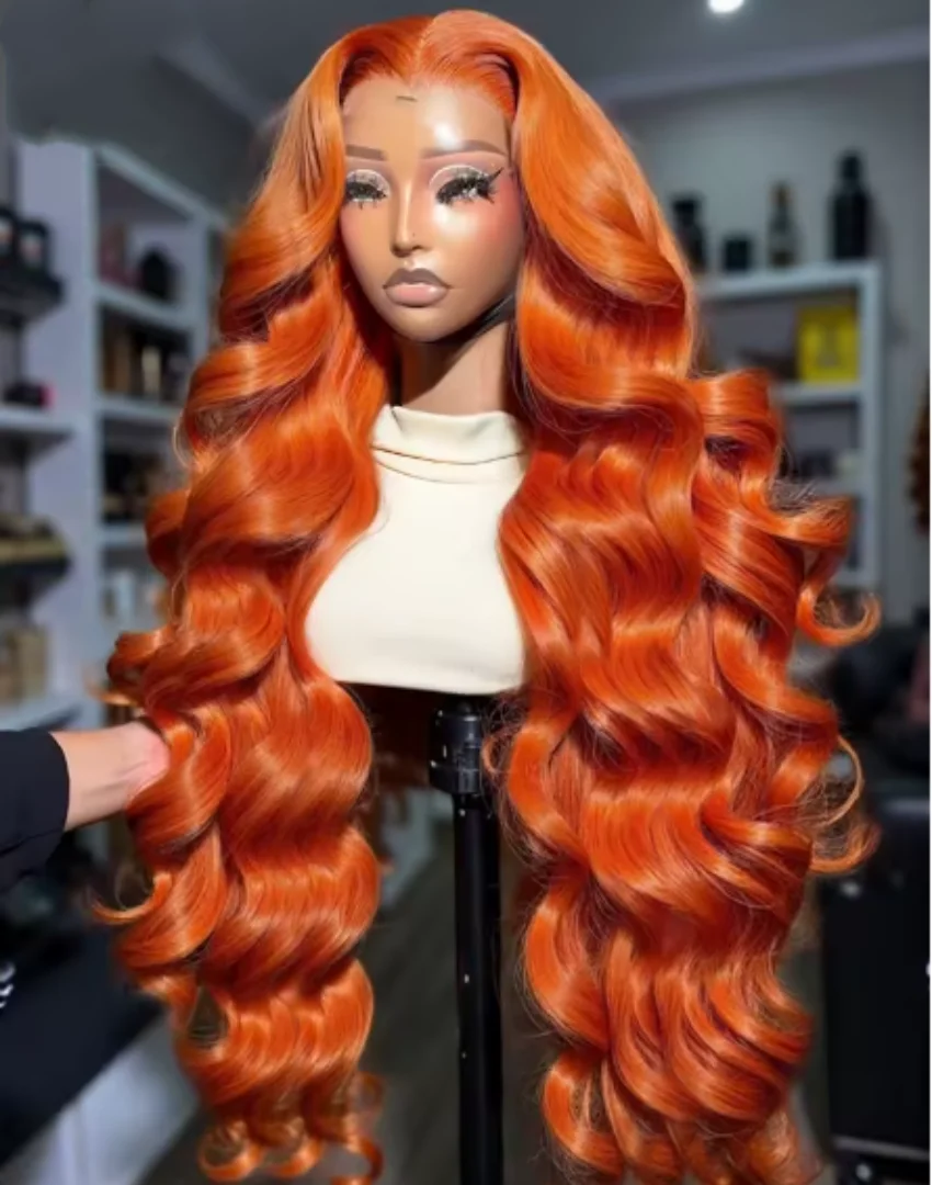 

Рыжий оранжевый 13x6 HD Объемная волна Парики фронта шнурка 100% человеческие волосы 350 # Цветной парик из натуральных волос для женщин, предварительно выщипанный, плотность 180%.