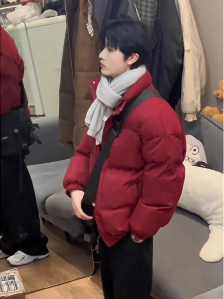 

Ankang Red Collar Thickened Cotton Jacket Men's Winter Coat Bread Style Casual Loose Fit Youth Fashion Single Color Zipper Cl...