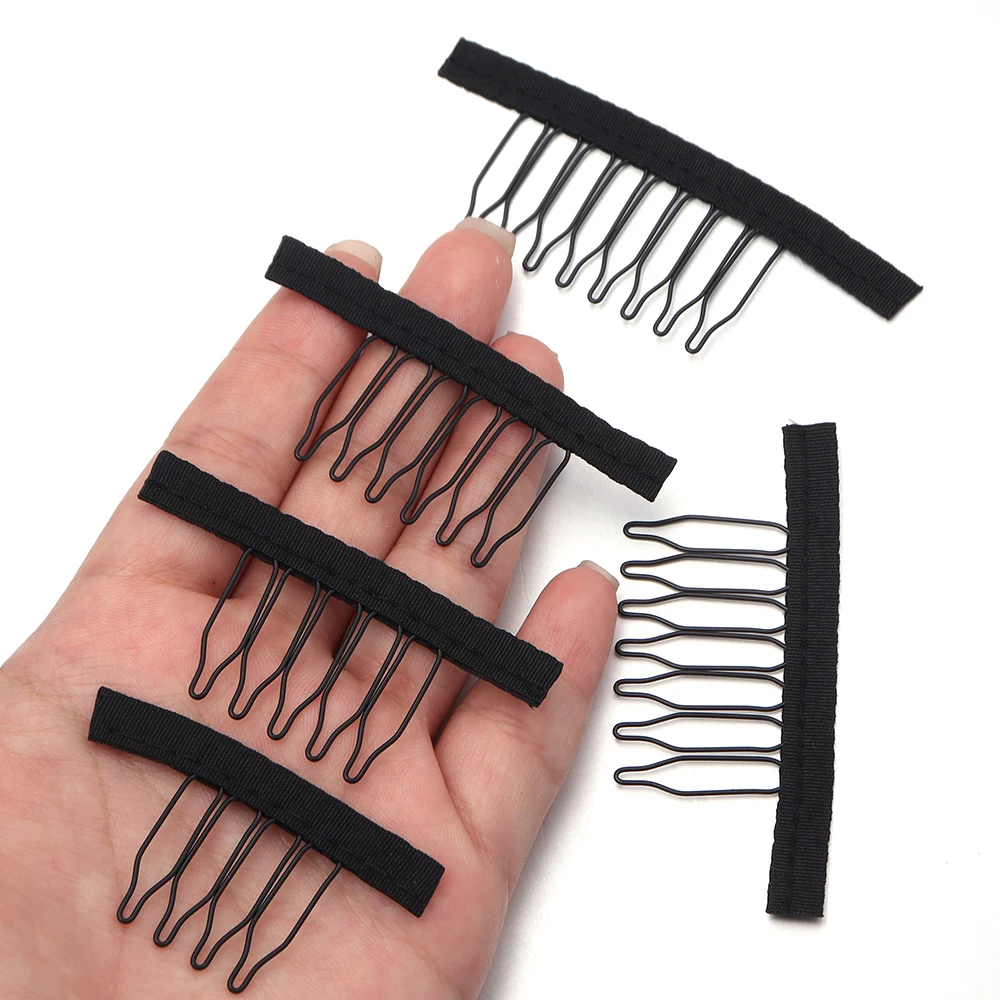 10Pcs Wig Combs To Secure Wig 4-8Teeth Wig Comb Black Wig Clips With Cloth For Making Wig Caps Steel Material Clips Combs