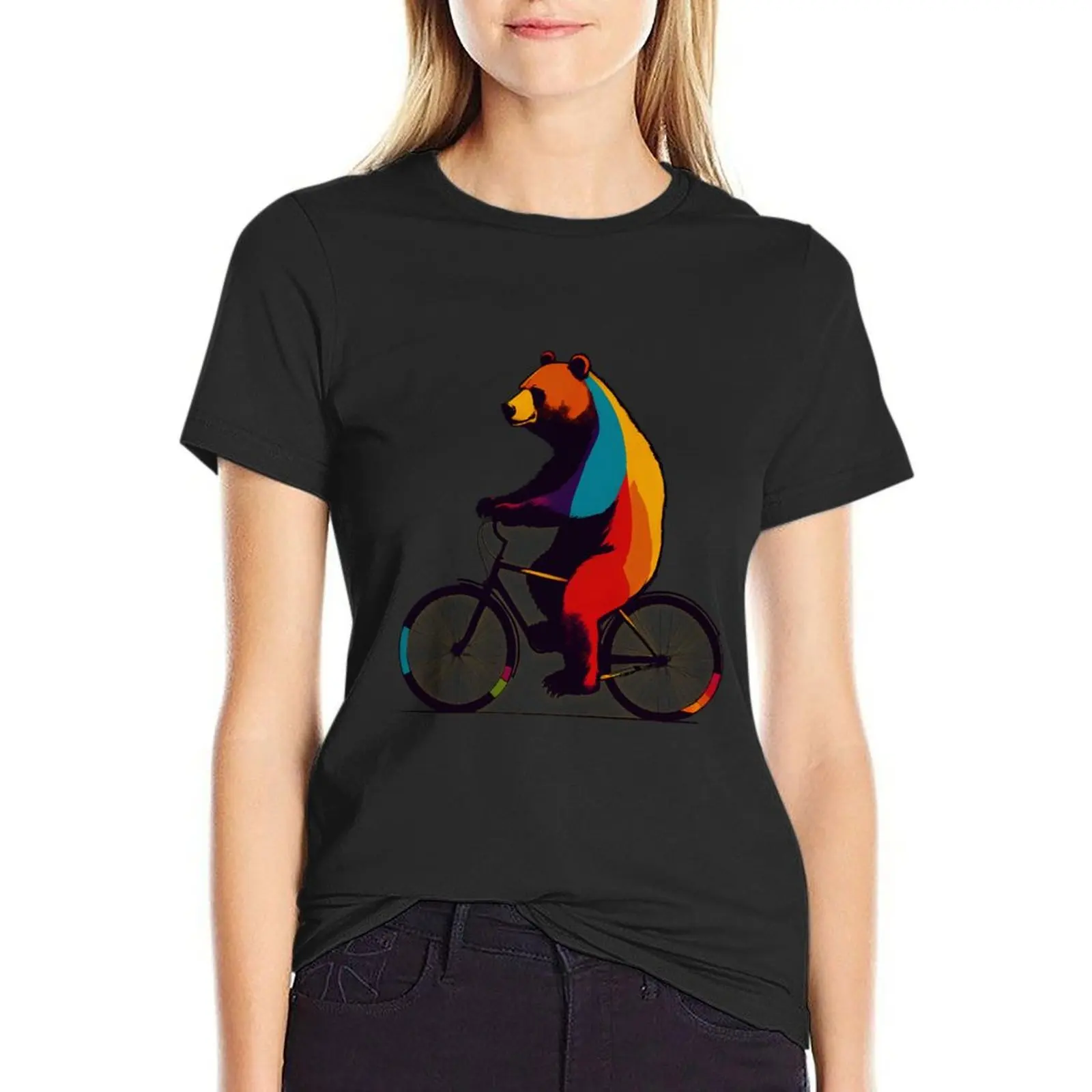 Colorful Bear Riding a Bike T-Shirt funny oversized customizeds Womens graphic t shirts