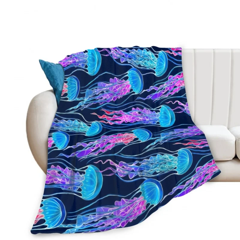 Luminescent Rainbow Jellyfish on Navy Blue Throw Blankets Soft Velvet Blanket Camping Bedding Blanket Cold Cinema or Travel