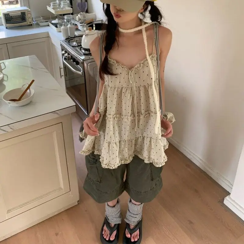 Kimotimo Korean Chic Sweet Polka Dot Camisole Tops Women Summer Vintage Ruffle Patchwork Loose Tanks Fashion Y2k Chic Camisole