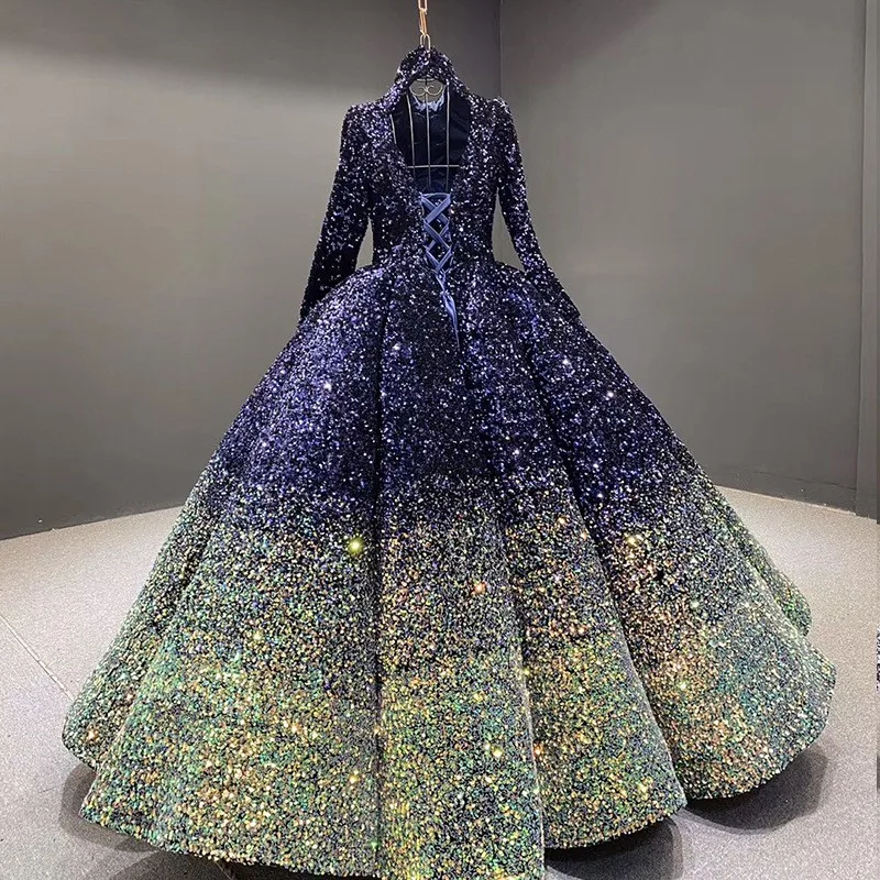 Dreamy gradient sequined dance ball puffy stand-up collar long-sleeved performance dress